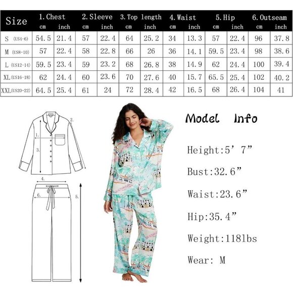 Women Green Silk Satin Pajamas Set Button Down 2 Piece Pjs Long Sleeve Oversize - Picture 7 of 7